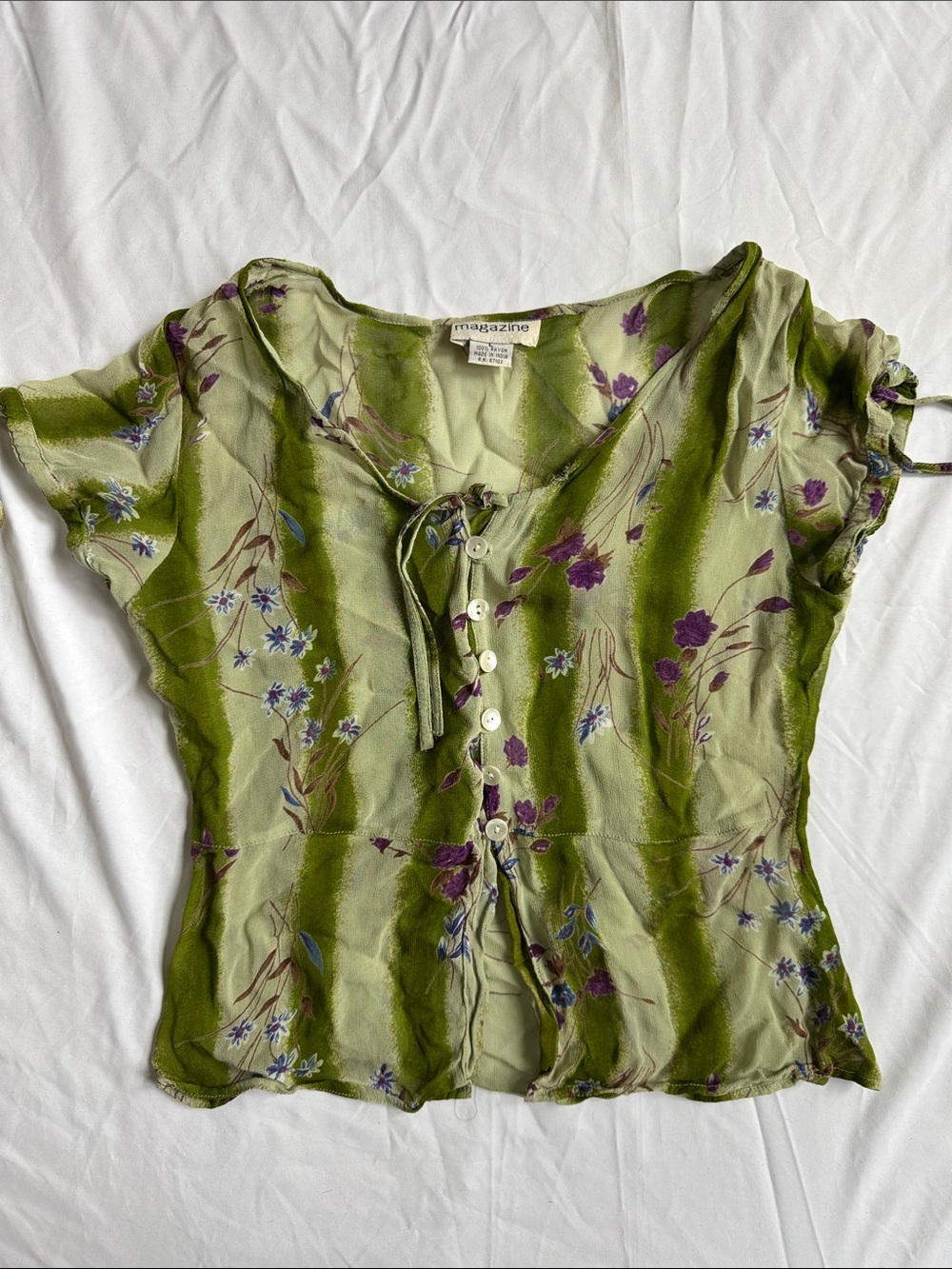 Vintage Y2K Olive Green Floral Button-Front Women's Top Fairy cottagecore